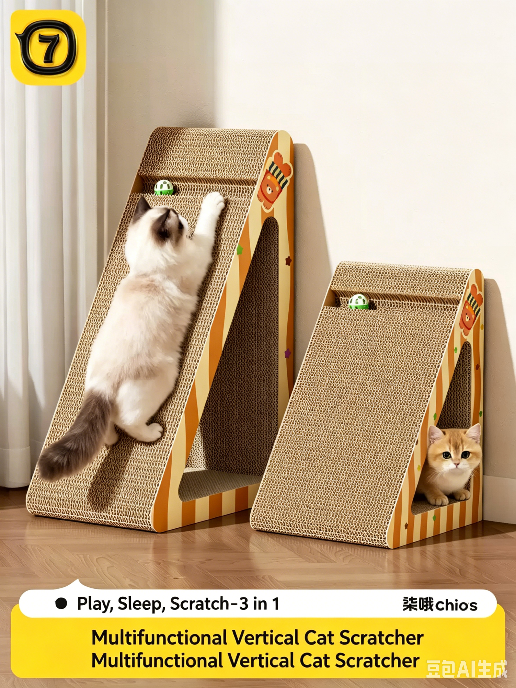 3-in-1 Vertical Cat Scratcher – Corrugated Cardboard Ramp with Hideout & Track Ball, Triangle Design for All Cats