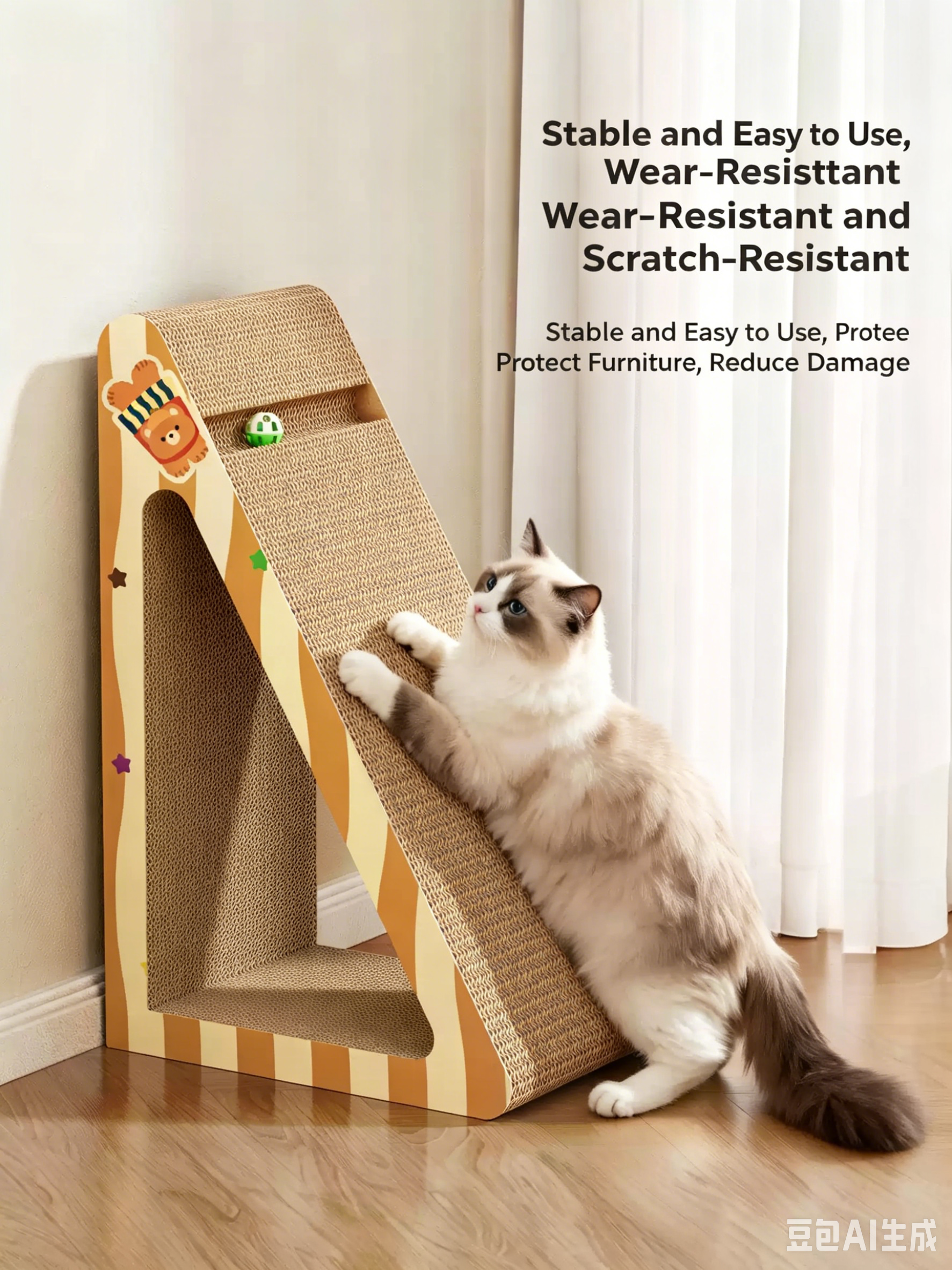 3-in-1 Vertical Cat Scratcher – Corrugated Cardboard Ramp with Hideout & Track Ball, Triangle Design for All Cats