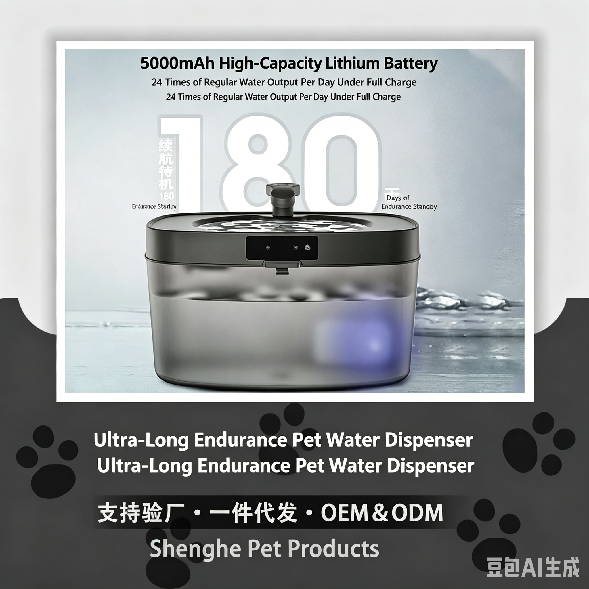 Cordless Pet Water Fountain – 5000mAh Battery, 180-Day Standby, Anti-Dry Burn, Dogs & Cats
