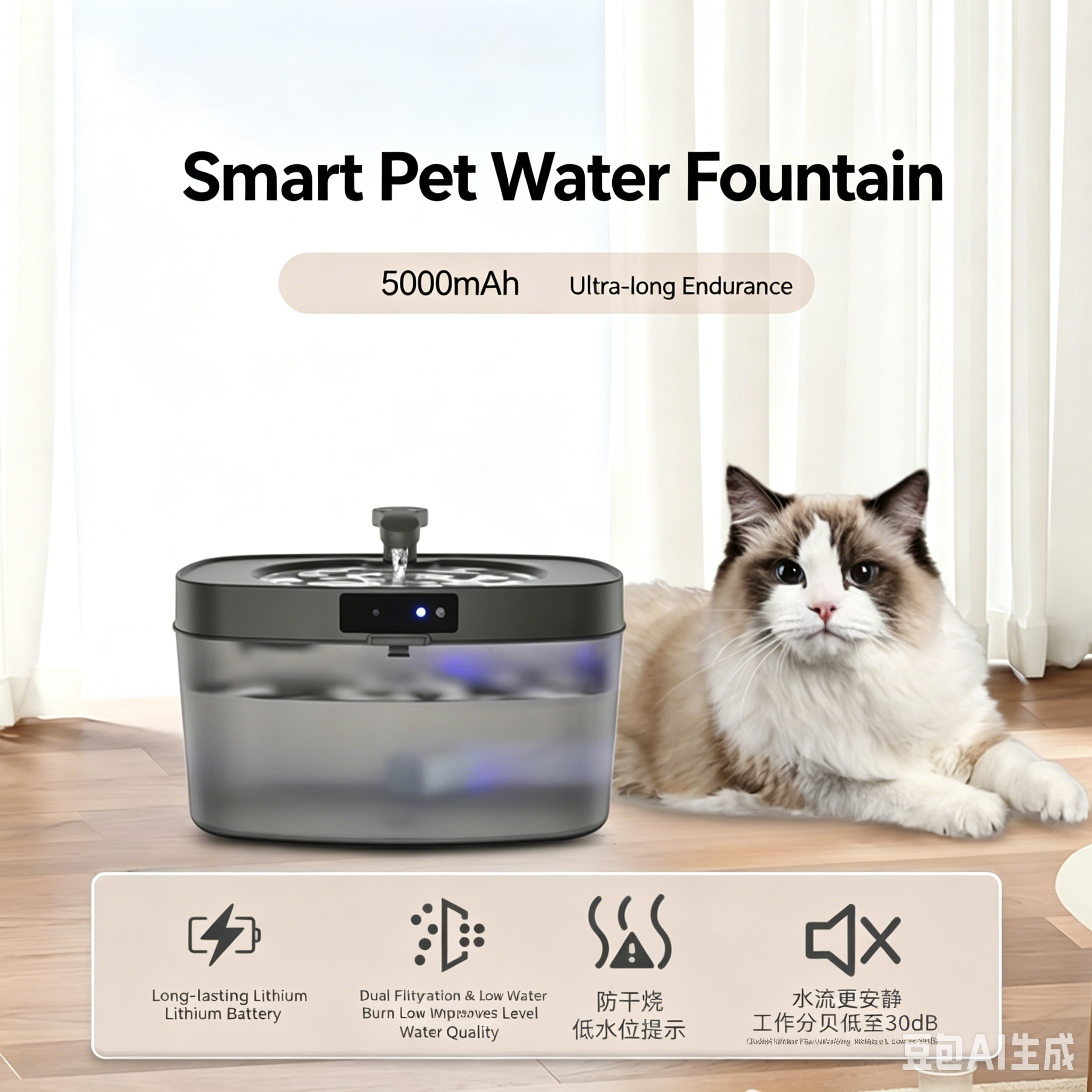 Cordless Pet Water Fountain – 5000mAh Battery, 180-Day Standby, Anti-Dry Burn, Dogs & Cats
